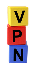 Acronym VPN (Virtual Private Network) made of colorful cubes isolated on white