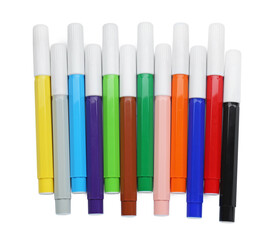 Many different colorful markers on white background, top view