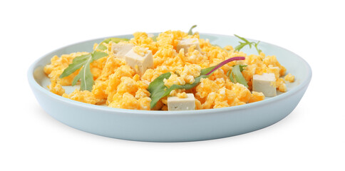 Plate with delicious scrambled eggs and tofu isolated on white