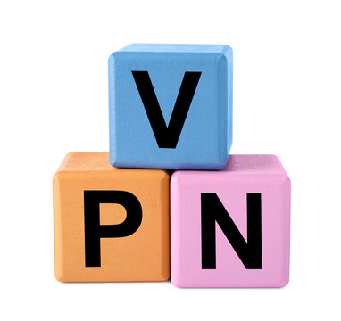 Acronym VPN (Virtual Private Network) made of colorful cubes isolated on white