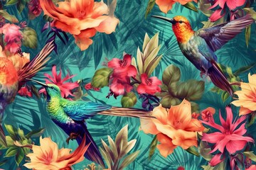 Fototapeta na wymiar Exotic tropical aesthetic pattern with macaws and flowers in bright colors and lush vegetation, generative AI