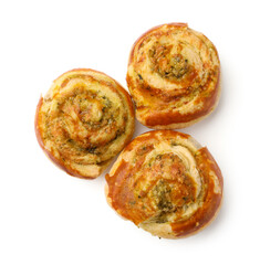 Fresh delicious puff pastry with tasty filling on white background, top view
