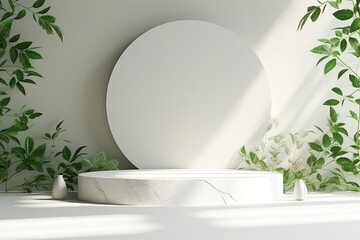 Natural white decor with lots of copy space ideal for product placement, generative ai