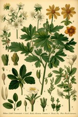 Vintage botanic background herbarium, generative ai