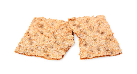 Fresh broken crispbread on white background. Healthy snack