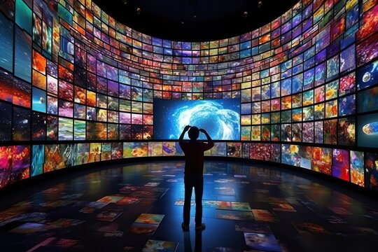a person watching a video wall with multimedia images on different television screens, generative ai