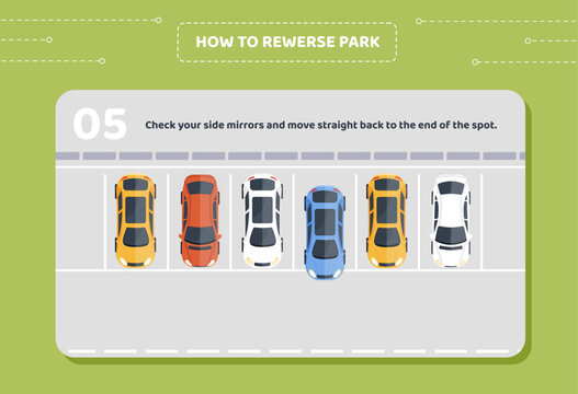 How to parking stage 5. Check your side mirrors and move straight back to end of stop. Educational materials for drivers. Learning and trainings. Cartoon flat vector illustration
