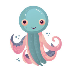 Happy and funny sea cartoon octopus monster swimming and looking on light background. Flat vector illustration for children.