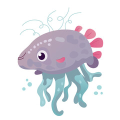 Happy and funny sea cartoon octopus monster swimming and looking on light background. Flat vector illustration for children.