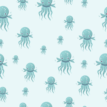 Pattern of cartoon monsters illustration sprite flat style. Happy and funny sea octopus monster swimming and looking on brown background. Vector illustration