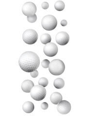 Many golf balls falling on white background