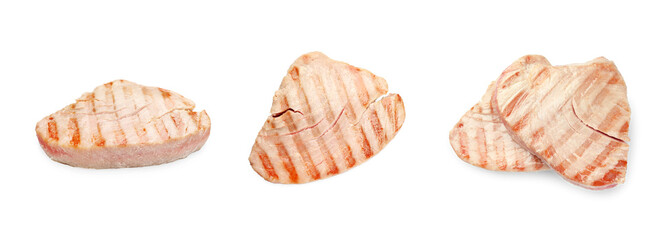 Collage with delicious grilled tuna steaks on white background