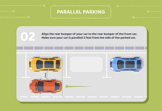 Parallel parking stage 2. Allign rear bamper of your car to front side of another vehicle, make sure you paralleled to other cars. Education and training. Cartoon flat vector illustration