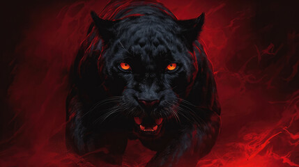 Panther on Red created with Generative AI Technology, ai, generative