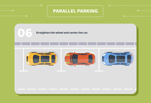 Parallel parking stage 6. Straighten wheel and center car. Top view at yellow, red, blue vehicles. Driver education materials and infographics. Cartoon flat vector illustration