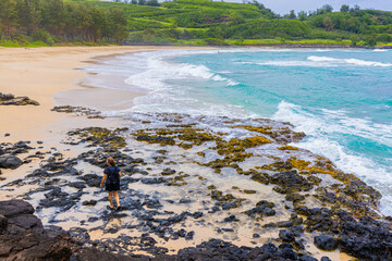 Female Hiker and Tide Pools at Kahili Beach, Kilauea, Kauai, Hawaii, USA