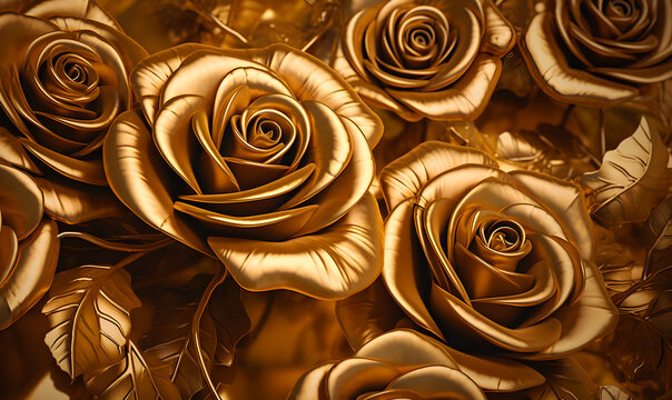 Metallic golden roses  floral abstract fantasy design luxury background created with Generative AI technology