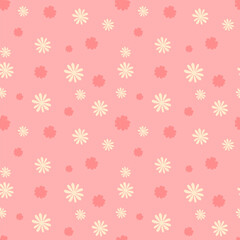 Fototapeta na wymiar Seamless pattern with flowers. Repeating design element for wrapping paper. Colorful white and red plants on pink background. Template, layout and mock up. Cartoon flat vector illustration