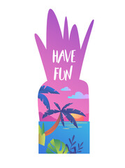 Have fun poster. Banner in pineapple shape with palms and beach. Exotic natural panorama, sea or ocean. Template for cover for social media. Cartoon flat vector illustration