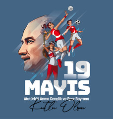 Vector illustration of The Commemoration of Atatürk, Youth and Sports Day (translate: Happy 19 May the commemoration of atatürk, youth and sports day)
