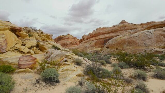 Windy day among yellow rocks in Nevada desert - gimbal dolly