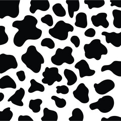 Seamless black and white cow pattern, doodle style. Cow texture pattern. Animal skin template. Spot background. Vector design illustration. Random bovine spots hand drawn design.  