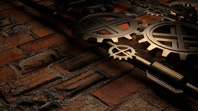 gears and bearings, circular rotation, steampunk abstraction, internal clock mechanism, beautiful background, 3d render