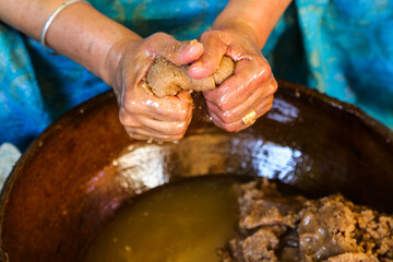 Moroccan woman Squeeze the argan seed paste to extract argan oil with the traditional way. Souss...