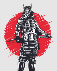 vector illustration of knight or samurais with sword and red circle