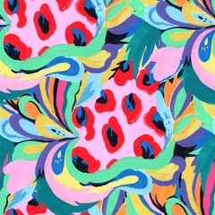 Bright colorful abstract pattern with oraganic shapes and nature elements. Hand drawn illustration