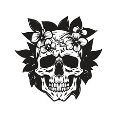 skull head with floral, vintage logo line art concept black and white color, hand drawn illustration