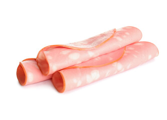 Slices of tasty boiled sausage on white background