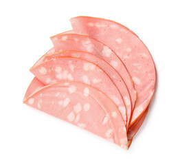 Slices of tasty boiled sausage on white background © Pixel-Shot