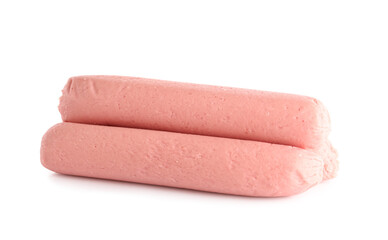 Tasty sausages on white background
