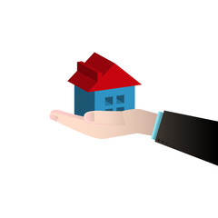 Cartoon illustration with house on hand. Business concept. Safe finance investment. Vector illustration.