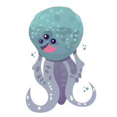 Happy and funny sea cartoon octopus monster swimming and looking on light background. Flat vector illustration for children.
