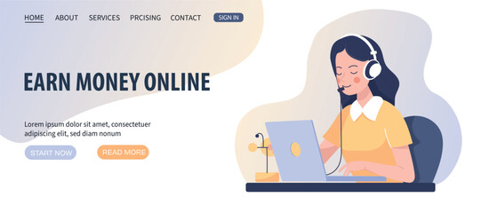 Home office concept, woman working from home, student or freelancer. Cute vector illustration in flat style, web page construction on white background