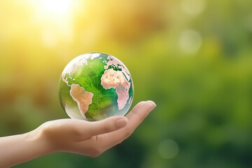 Earth Day concept: hand holding earth on blur green nature background. Generative AI