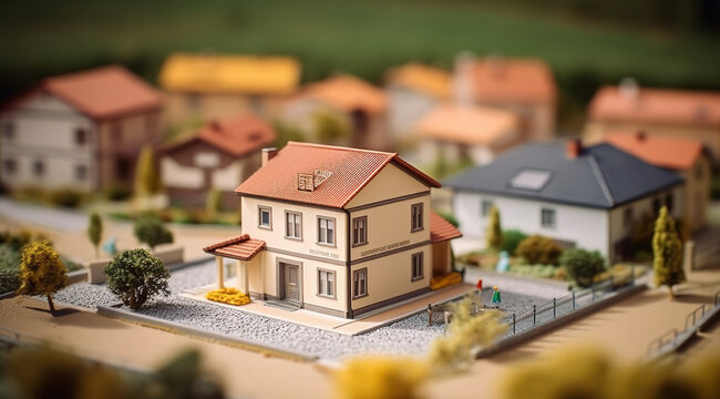 Modern generic contemporary style residential area miniature model with tilt-shift focus technique. Generative AI.