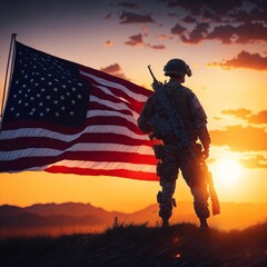 Silhouette of an American soldier, USA flag in the background, Generative AI