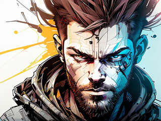 Colored Ink Splash Portrait Drawing of a Man with Brown Hair in a Hooded Gray Jacket Generative AI Illustration