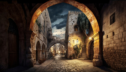 Obraz premium an empty alley in the old city of jerusalem - generative AI