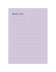 Wish list planner. Minimalist planner template set. Vector illustration.