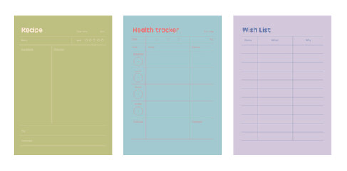 Wish list and Recipe and Healthtracker planner. Minimalist planner template set. Vector illustration.