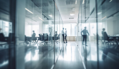 Fototapeta na wymiar Blurred business people in white glass office background. Generative AI