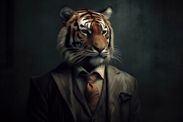 Anthropomorphic Tiger dressed in a suit like a businessman. Business Concept. AI generated, human enhanced - obrazy, fototapety, plakaty