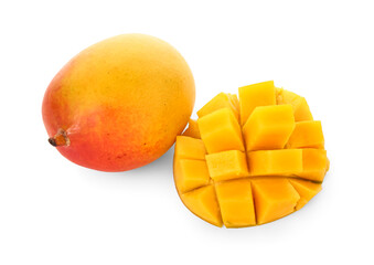 Fresh ripe mangoes on  white background