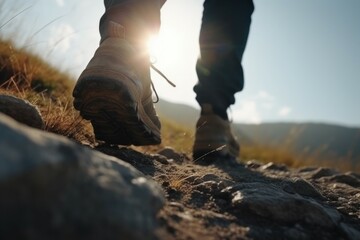 Hiker goes against sky and sun. Hiking concept. AI generated, human enhanced