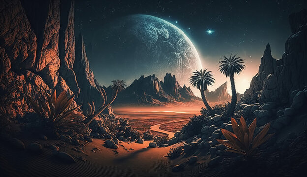 Huge planet looming in the sky above the exotic rocky alien planet. Extraterrestrial landscape. Digital illustration.
