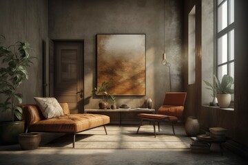 Style loft interior with leather armchair. AI generated, human enhanced